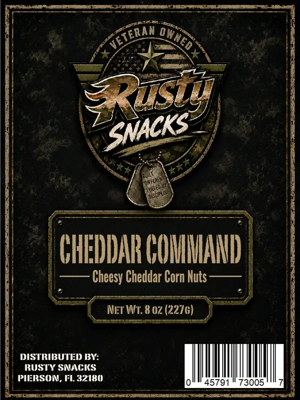 Cheddar Command — Cheesy Cheddar Corn Nuts supplier reference label front