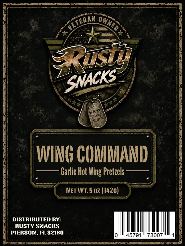 Wing Command — Garlic Hot Wing Pretzels supplier reference label front
