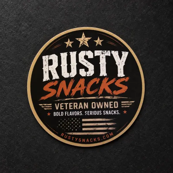 Rusty Snacks 3-inch round matte Veteran-Owned logo sticker